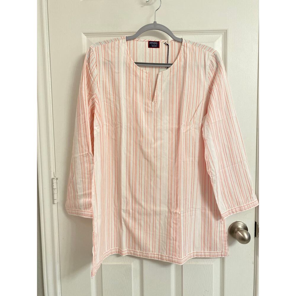 Coastal UNTUCKit Durfort Cotton Tunic Blouse White Peach/Coral Stripes - Size 14